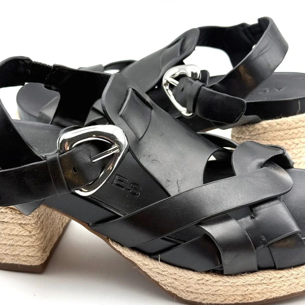 Aerosoles Chatham Wedge Sandals Womens 9.5 Black Leather Espadrille Platform